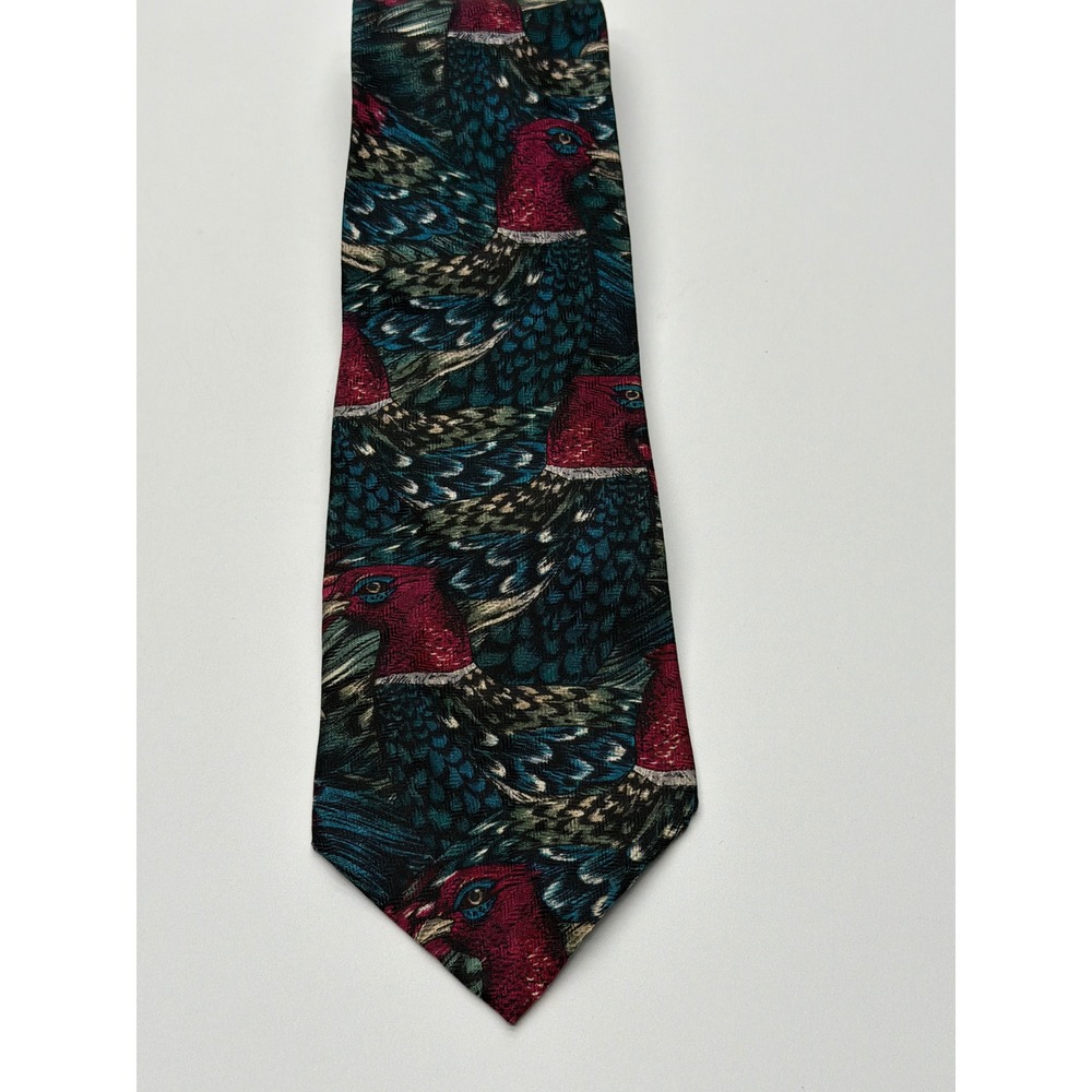 Field & Stream Mens Silk Tie Pheasant Bird Pattern‎ Green Burgundy Made in USA